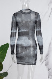 Black Sexy Print See-through Half A Turtleneck Long Sleeve Dresses