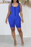 Blue Sexy Solid Patchwork Square Collar Skinny Rompers