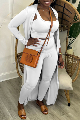 White Casual Solid Basic U Neck Long Sleeve Three Piece Set