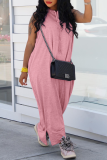 Pink Casual Solid Draw String Pocket Slit Hooded Collar Straight Dresses