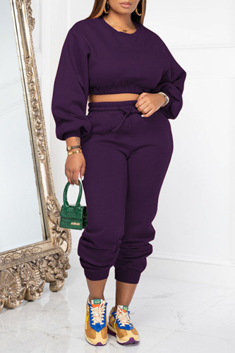 Purple Casual Sportswear Solid Patchwork O Neck Long Sleeve Two Pieces