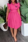 Pink Casual Print Letter Turndown Collar Waist Skirt Dresses
