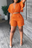 Orange Casual Solid Patchwork Pocket Flounce V Neck Short Sleeve Two Pieces