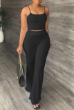 Black Casual Simplicity Solid Backless U Neck Sleeveless Two Pieces