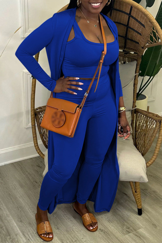 Blue Casual Solid Basic U Neck Long Sleeve Three Piece Set