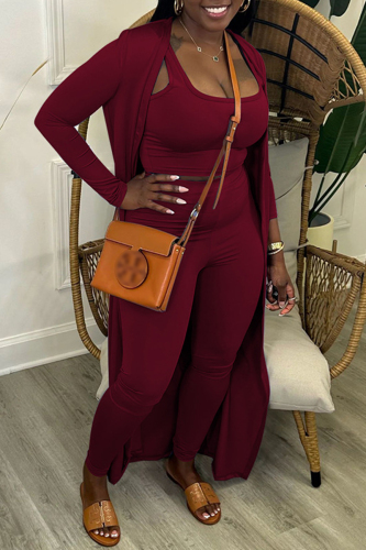 Burgundy Casual Solid Basic U Neck Long Sleeve Three Piece Set