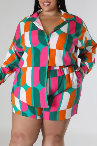 Rose Red Casual Print Patchwork Shirt Collar Plus Size Two Pieces