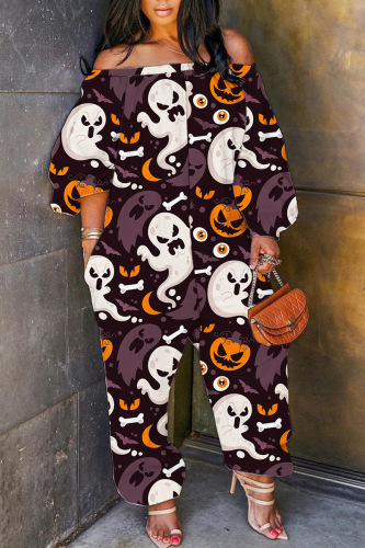 Halloween Costume Brown Skull Pumpkin Cat Print Off Shoulder Flare Sleeve Plus Size Harem Jumpsuit
