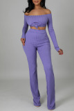 Light Purple Sexy Solid Patchwork Backless Off the Shoulder Long Sleeve Two Pieces