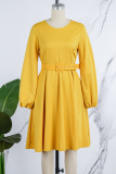 Yellow Elegant Solid Patchwork Zipper O Neck A Line Dresses(With Belt)