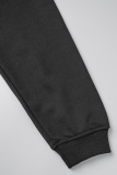 Black Vintage Print Draw String Hooded Collar Tops