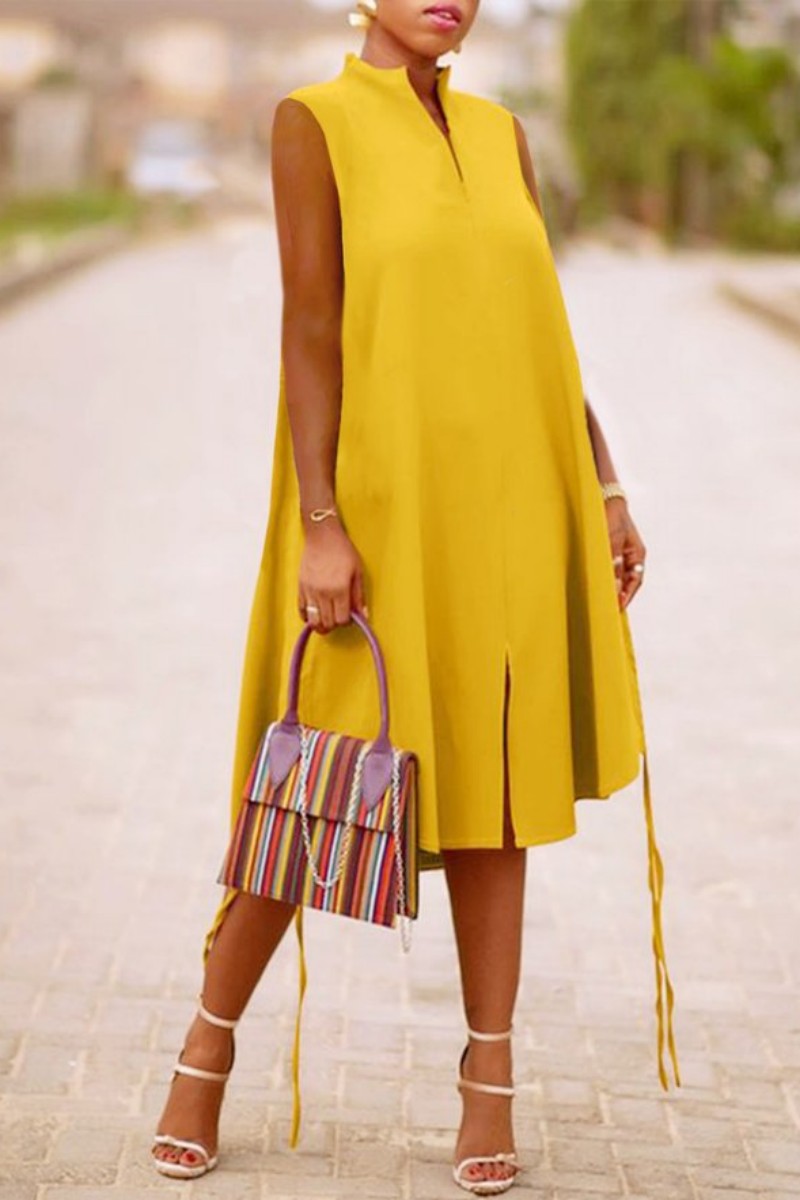 Wholesale Yellow Casual Print Solid Slit V Neck Sleeveless Dress ...