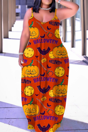 Halloween Costume Tangerine Red Skull Pumpkin Print Floor Length Sleeveless Plus Size Loose Maxi Slip Dress