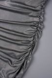 Silver Sexy Solid Backless Slit Fold Spaghetti Strap Wrapped Skirt Dresses