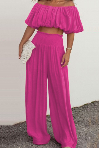 Rose Red Casual Solid Backless Off the Shoulder Half Sleeve Two Pieces