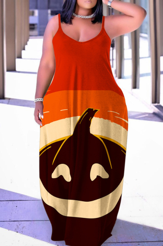 Halloween Costume Orange Red Skull Pumpkin Print Floor Length Sleeveless Plus Size Loose Maxi Slip Dress