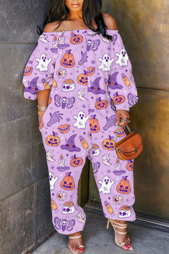 Halloween Costume Light Purple Skull Pumpkin Cat Print Off Shoulder Flare Sleeve Plus Size Harem Jumpsuit