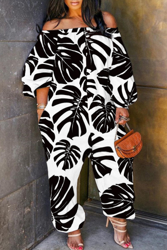 White Black Casual Print Patchwork Off the Shoulder Regular Jumpsuits