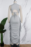 Grey Casual Solid Patchwork Fold Half A Turtleneck Sleeveless Two Pieces