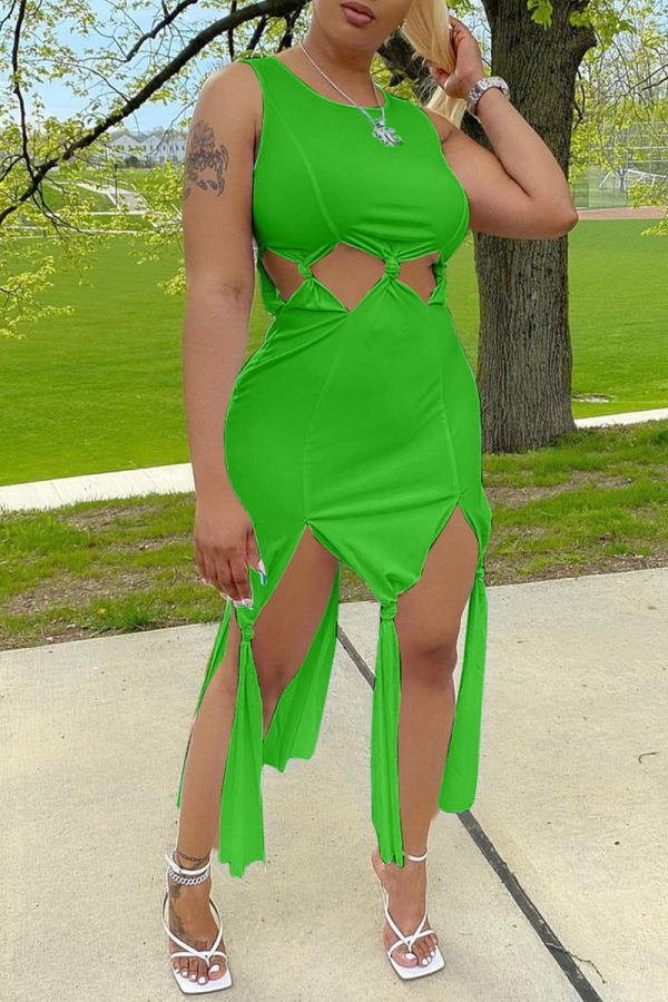 Green Fashion Lips Printed Hollowed Out O Neck Irregular Dress Dresses