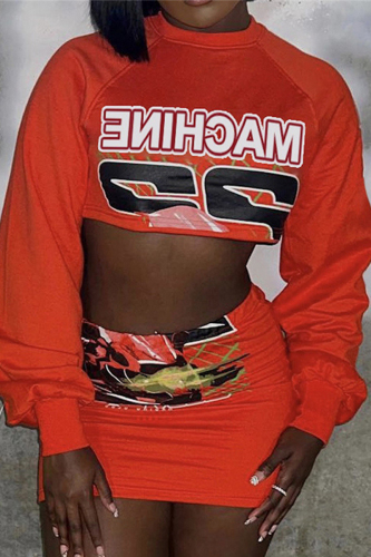 Orange Street Letter Patchwork Printing O Neck Long Sleeve Two Pieces
