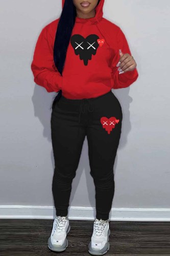 Red Street Print Patchwork Hooded Collar Plus Size Two Pieces