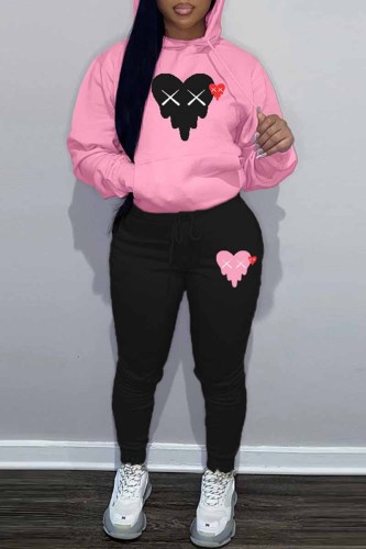 Pink Street Print Patchwork Hooded Collar Plus Size Two Pieces