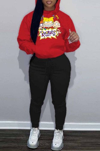 Red Street Character Print Letter Hooded Collar Long Sleeve Two Pieces