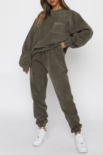 Army Green Casual Solid Patchwork O Neck Long Sleeve Two Pieces