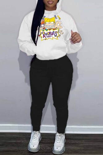 White Street Character Print Letter Hooded Collar Long Sleeve Two Pieces