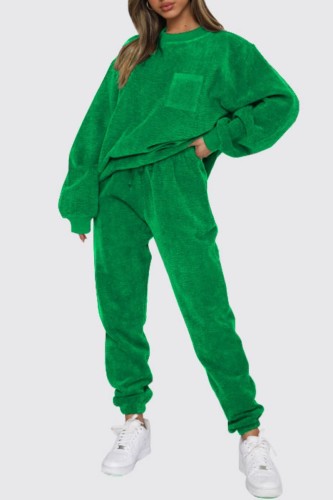 Green Casual Solid Patchwork O Neck Long Sleeve Two Pieces