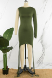 Army Green Sexy Casual Solid Asymmetrical Wrapped Skirt Dresses