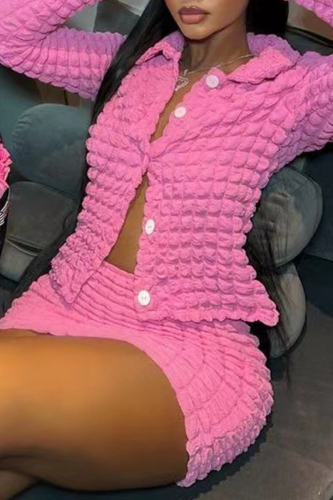 Pink Sexy Solid Patchwork Buckle Turndown Collar Long Sleeve Two Pieces