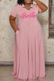 Pink Casual Letter Print Basic V Neck Short Sleeve Dress Plus Size Dresses