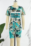 Cyanine Casual Print Basic O Neck Short Sleeve Two Pieces
