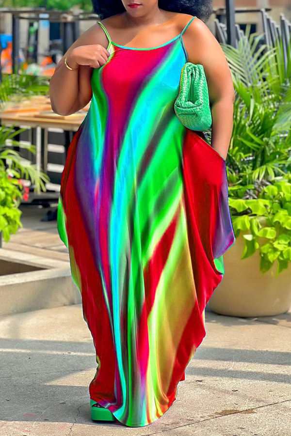 Vacation Casual Colorblock Striped Sleeveless Maxi Dress (Green) main image 1