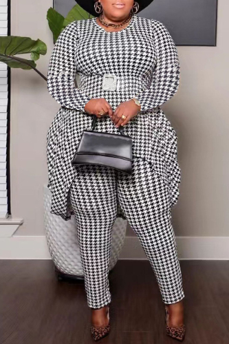 Black Casual Print Asymmetrical O Neck Plus Size Two Pieces (Without Belt)