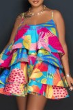 Pink Tropical Print Sleeveless Backless Ruffled Tiered Casual Vacation Slip Mini Dress