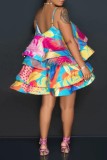 Multicolor Tropical Print Sleeveless Backless Ruffled Tiered Casual Vacation Slip Mini Dress