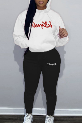 White Street Letter Patchwork Draw String Pocket Hooded Collar Long Sleeve Two Pieces