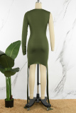 Army Green Sexy Casual Solid Asymmetrical Wrapped Skirt Dresses