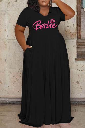Black Casual Letter Print Basic V Neck Short Sleeve Dress Plus Size Dresses
