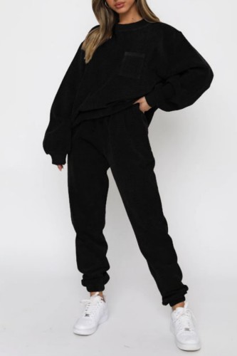 Black Casual Solid Patchwork O Neck Long Sleeve Two Pieces