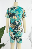 Cyanine Casual Print Basic O Neck Short Sleeve Two Pieces