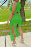 Green Fashion Lips Printed Hollowed Out O Neck Irregular Dress Dresses
