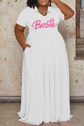 White Casual Letter Print Basic V Neck Short Sleeve Dress Plus Size Dresses