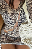 Zebra Sexy Celebrities Zebra Print Hollowed Out Patchwork Draw String Printing O Neck Mesh Dress Dresses