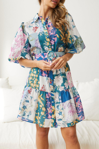 Lake Blue Bohemian Floral With Belt Turndown Collar A Line Dresses
