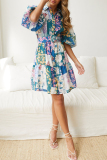 Lake Blue Bohemian Floral With Belt Turndown Collar A Line Dresses