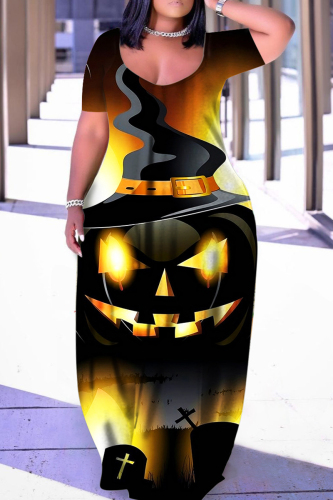 Halloween Costume Black Yellow Skull Pumpkin Cat Print Floor Length Plus Size Loose T Shirt Maxi Dress
